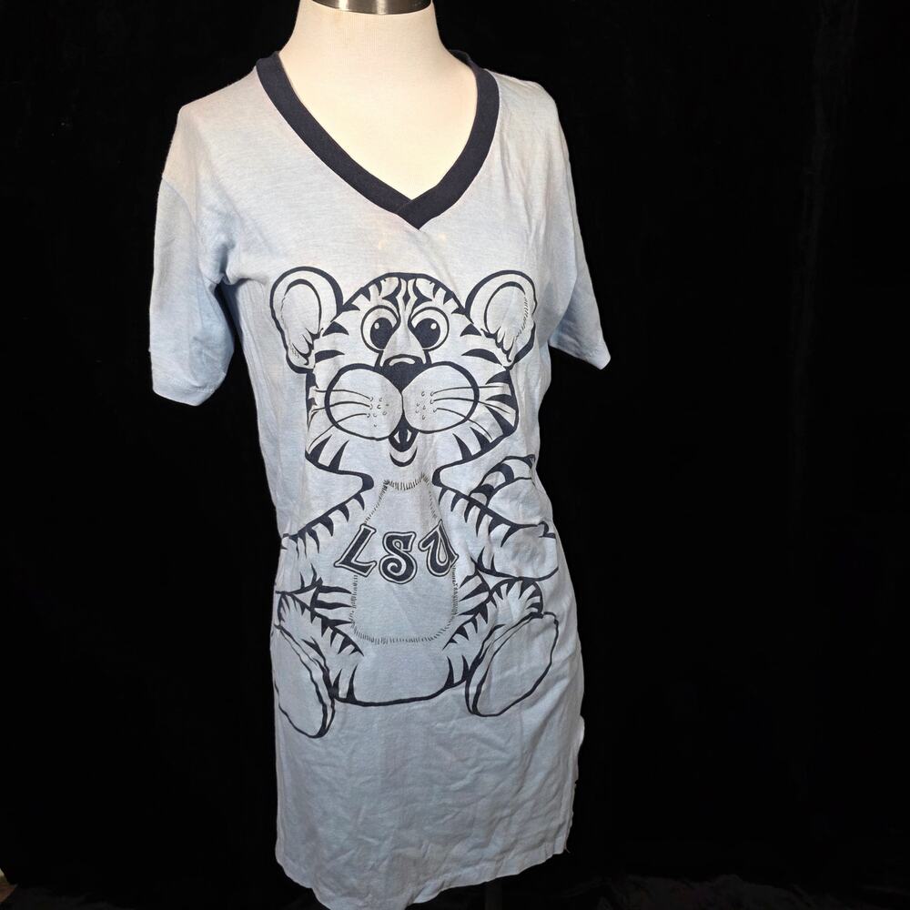 Vtg 1980s LSU Blue Sleep Shirt Single Stitch Tiger Graphic Sportswear by Famous